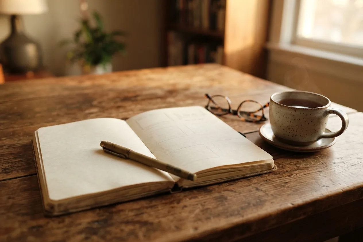 Ein Notizbuch, ein Stift und eine Brille auf einem Holztisch