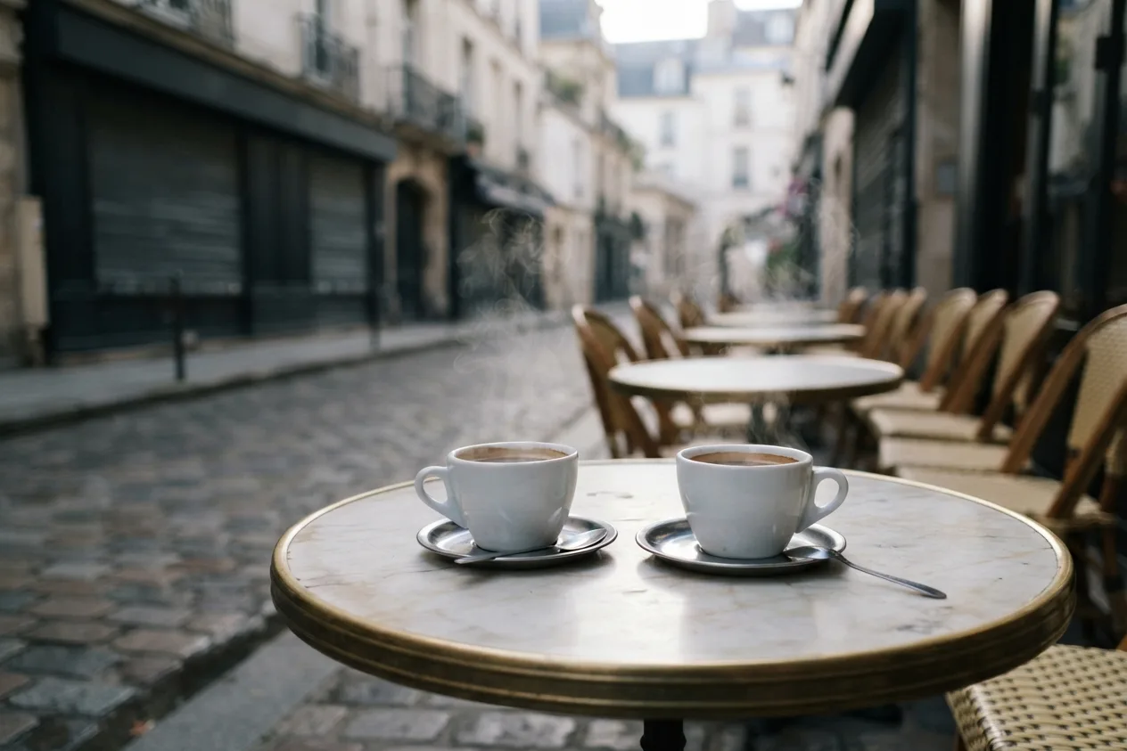 Zwei Tassen Kaffee auf einem Bistrotisch